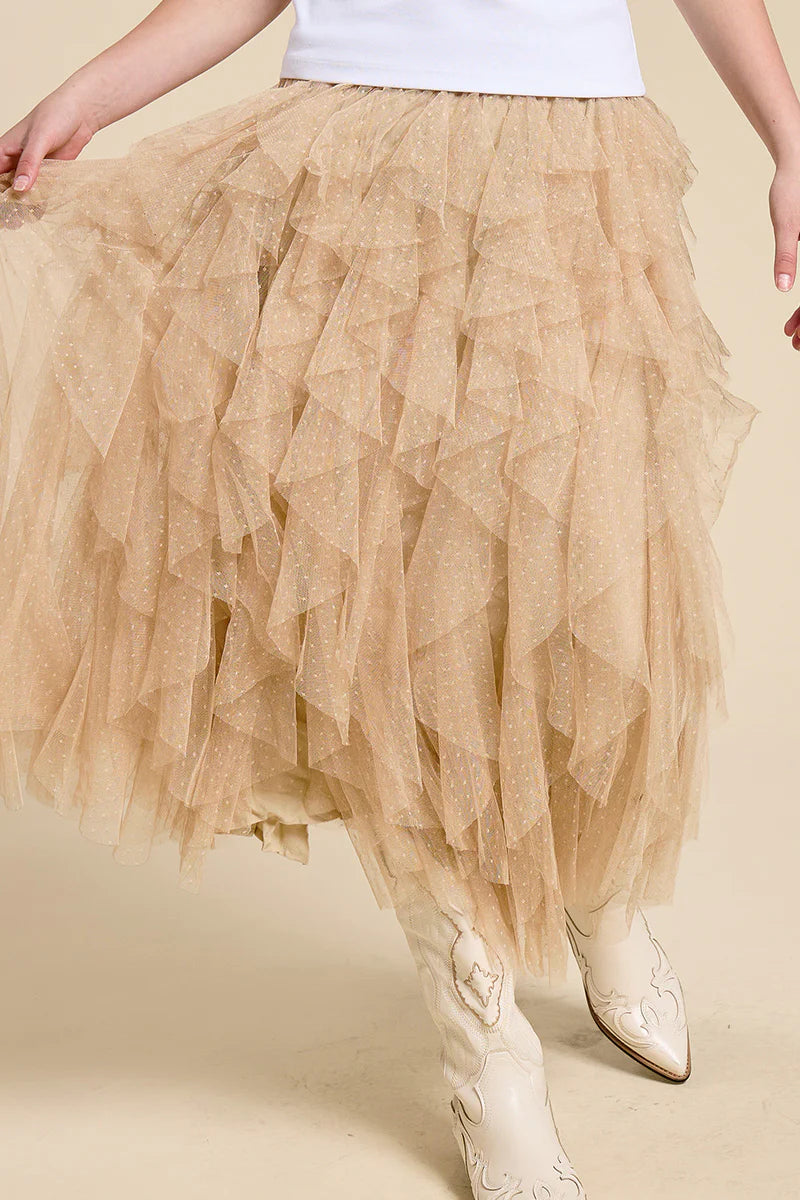 Taupe Sparkle Tiered Tulle Maxi Skirt