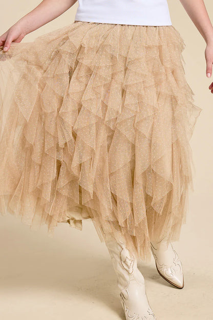 Taupe Sparkle Tiered Tulle Maxi Skirt