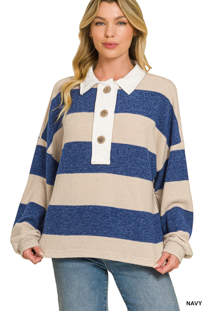 Brushed striped hacci polo sweater