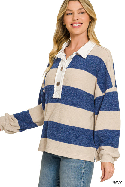 Brushed striped hacci polo sweater