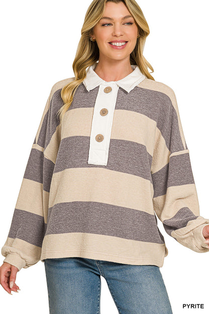 Brushed striped hacci polo sweater