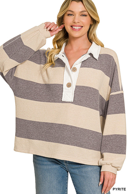 Brushed striped hacci polo sweater