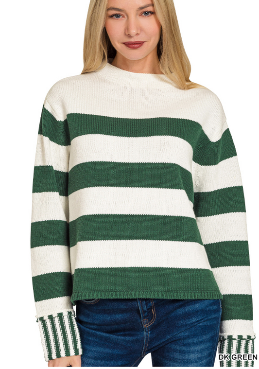 STRIPED SWEATER-DK GREEN