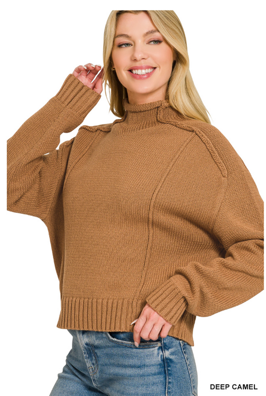 MOCK NECK EXPOSED SEAM LOW GAUGE SWEATER-DEEP CAMEL