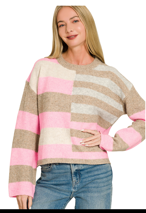 LIGHTWEIGHT WOOL BLEND COLOR BLOCK SWEATER