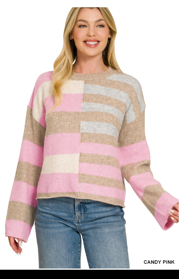 LIGHTWEIGHT WOOL BLEND COLOR BLOCK SWEATER