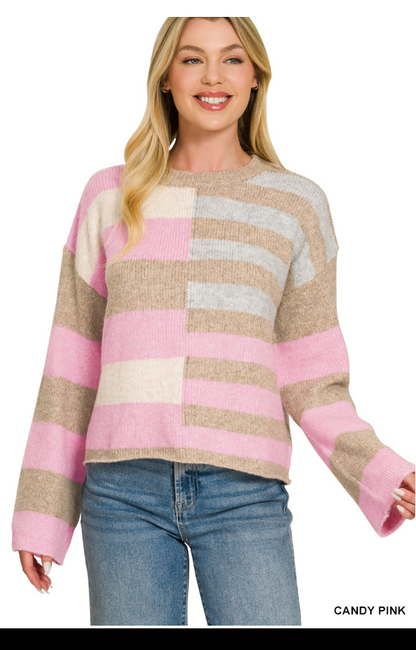 LIGHTWEIGHT WOOL BLEND COLOR BLOCK SWEATER