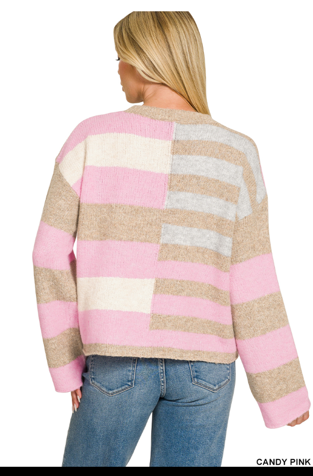 LIGHTWEIGHT WOOL BLEND COLOR BLOCK SWEATER