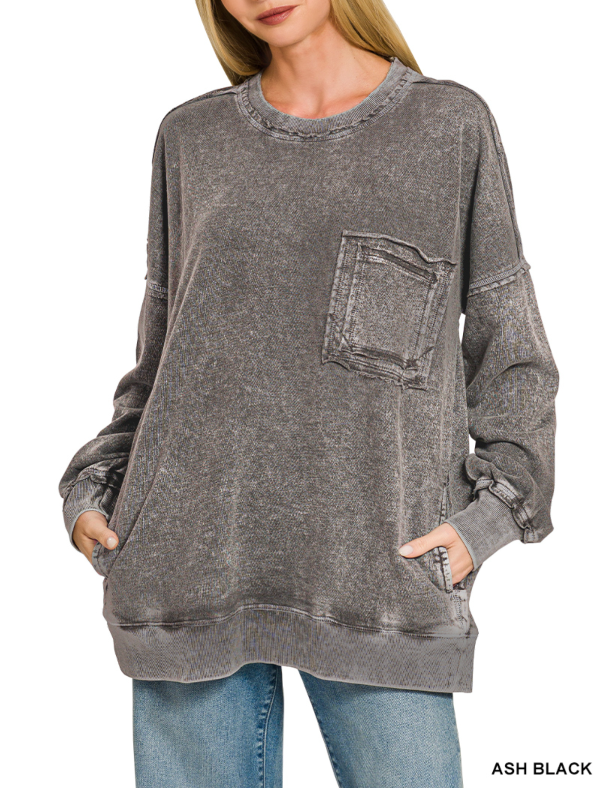 HALO SNOW WASHED FRENCH TERRY EXPOSED SEAM SWEATSHIRT WITH POCKET