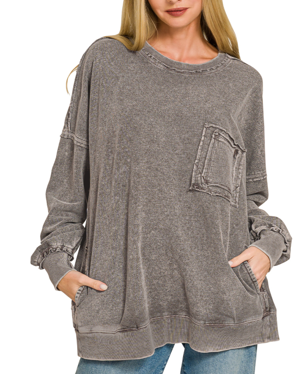 HALO SNOW WASHED FRENCH TERRY EXPOSED SEAM SWEATSHIRT WITH POCKET