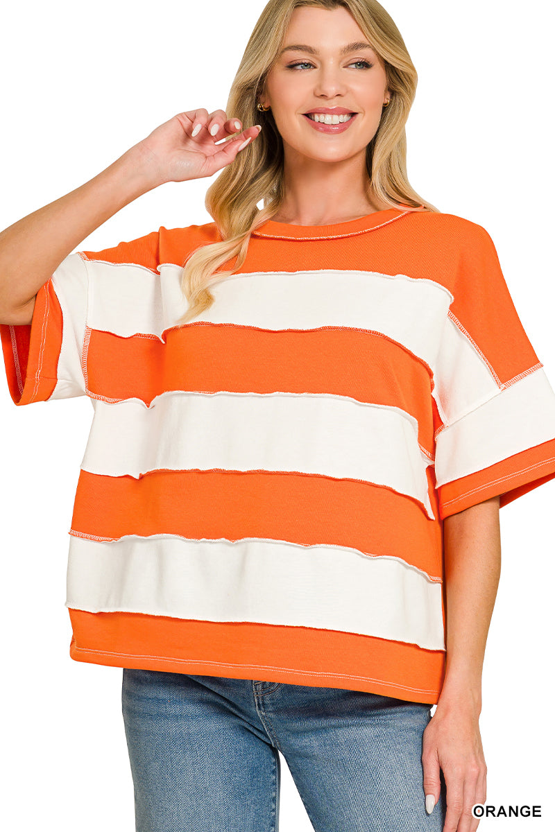 French terry striped exposed seam top