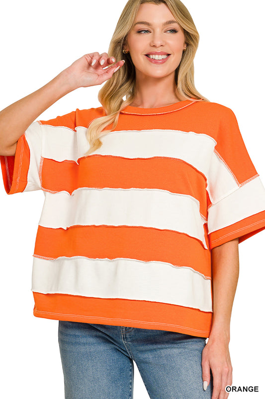 French terry striped exposed seam top