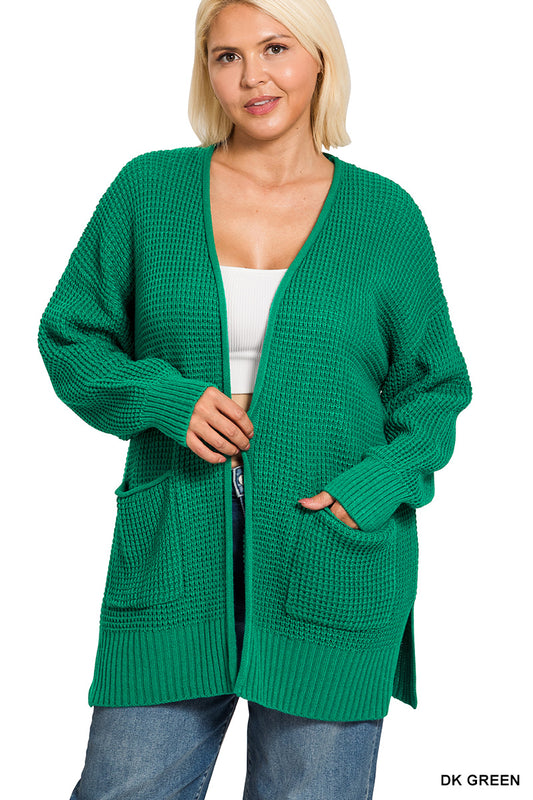 Plus low gauge waffle open cardigan sweater