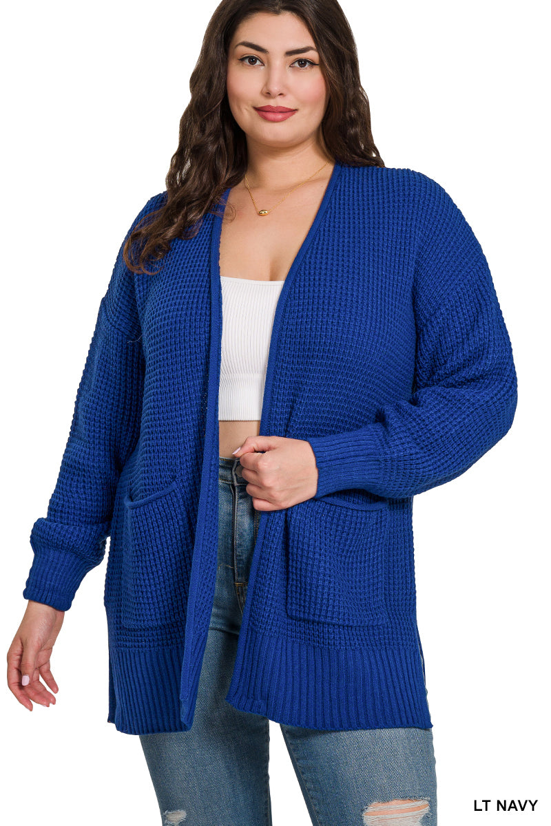 Plus low gauge waffle open cardigan sweater