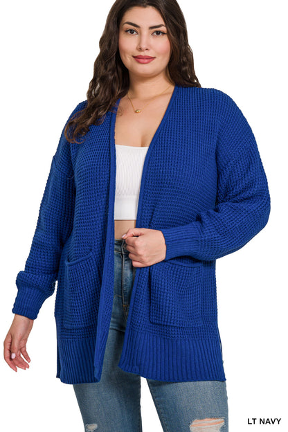 Plus low gauge waffle open cardigan sweater