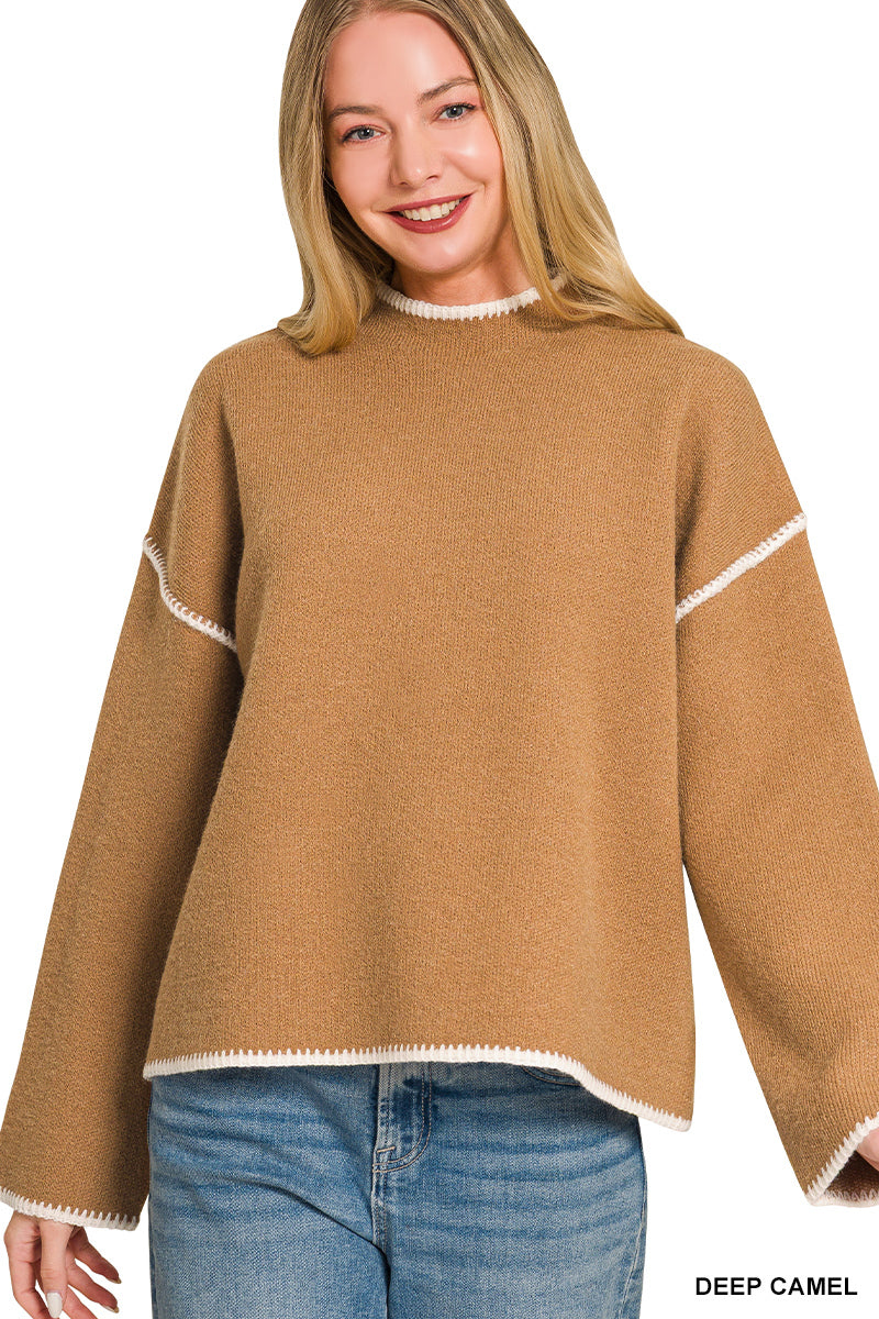 STITCH DETAILED MOCK NECK SWEATER