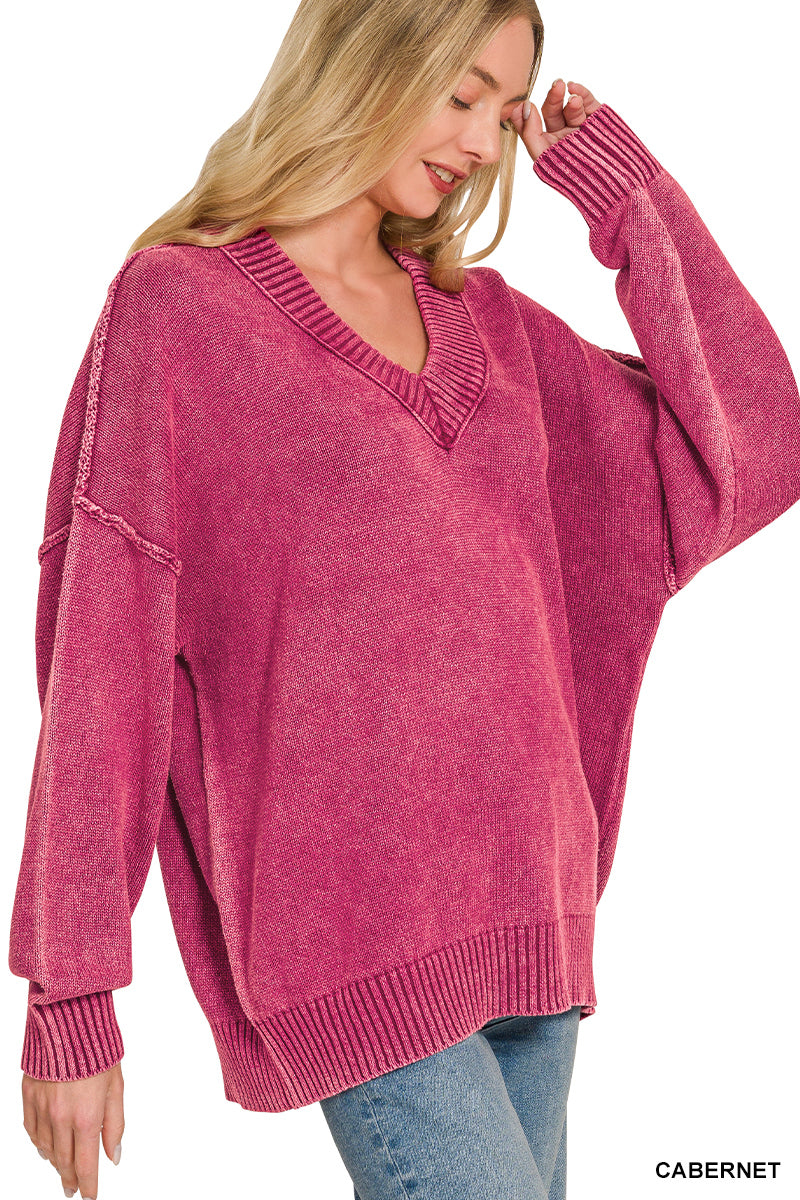 Washed deep v-neck oversized sweater
