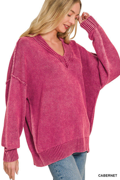 Washed deep v-neck oversized sweater