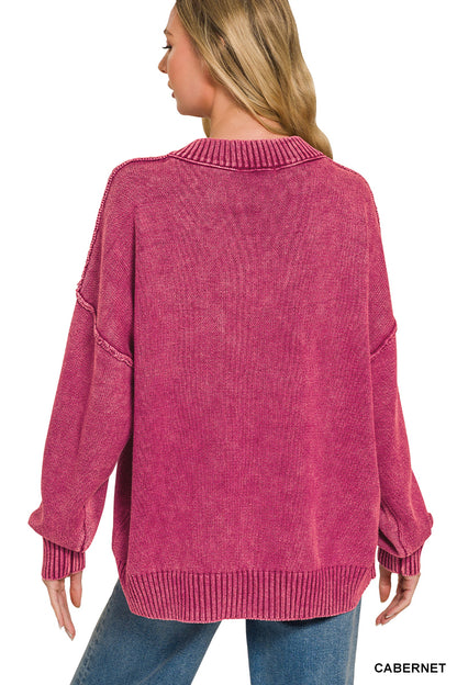 Washed deep v-neck oversized sweater