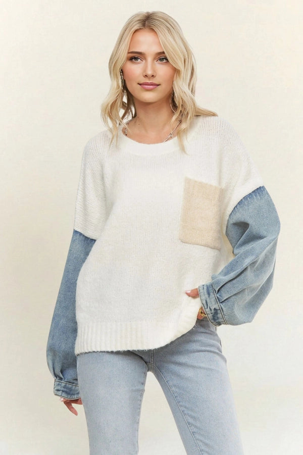 KNIT SWEATER WITH DENIM LONG SLEEVES