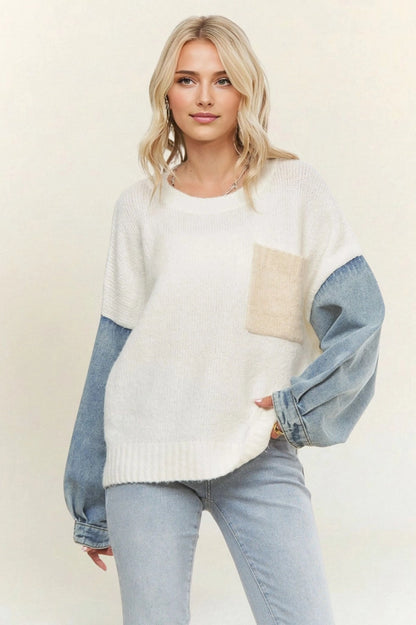 KNIT SWEATER WITH DENIM LONG SLEEVES