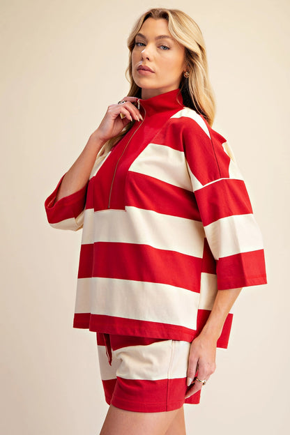 Front Zip Neck 3/4 Sleeve Pullover Stripe Top