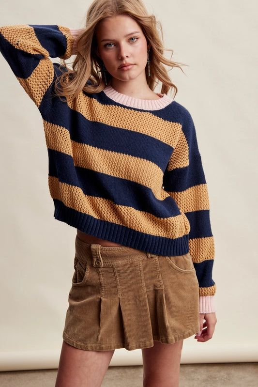 TEXTURED STRIPE KNIT SWEATER-NAVY
