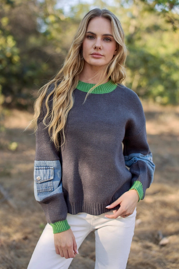 Knit Sweater Top with Denim Pockets