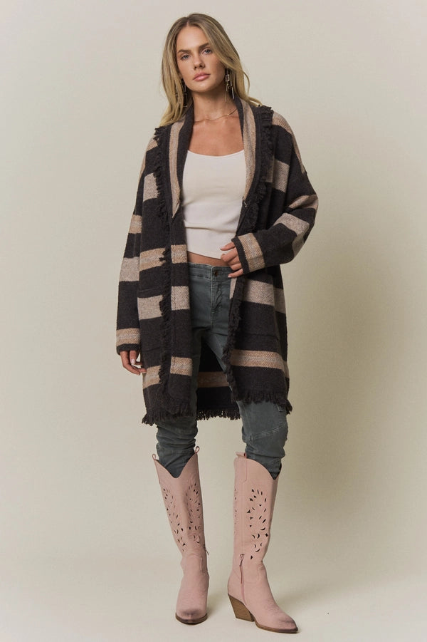 BOHO STRIPED FRINGE LONG CARDIGAN