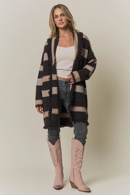 BOHO STRIPED FRINGE LONG CARDIGAN