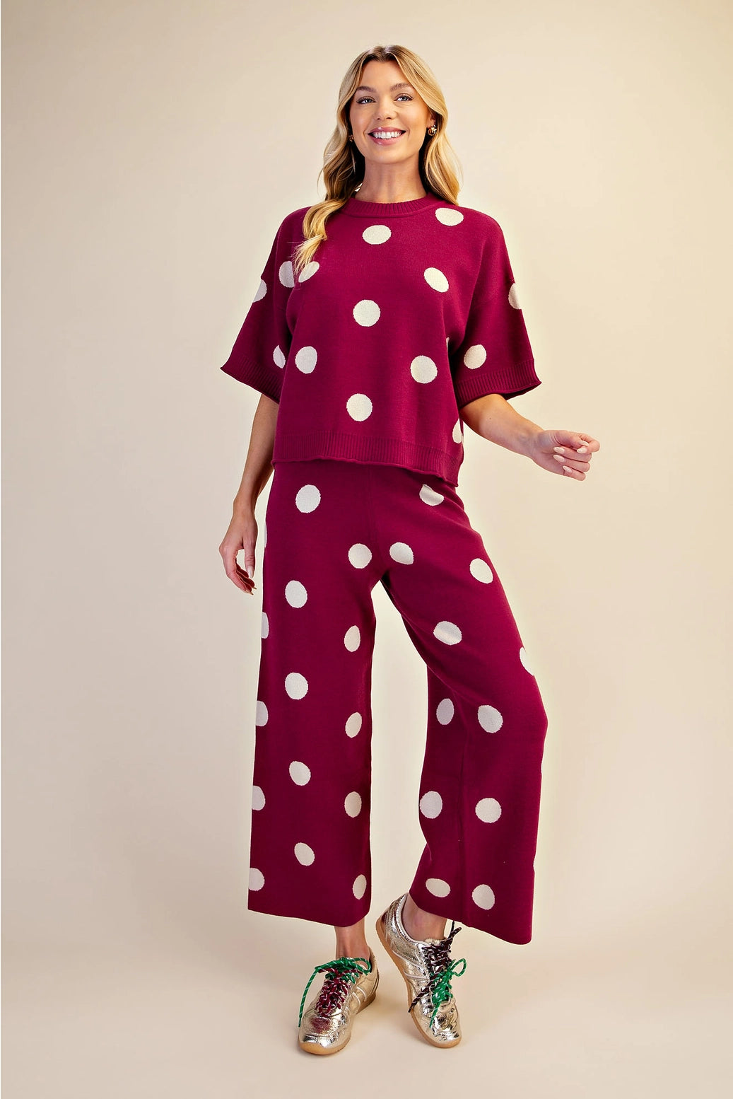 Polka Dot Sweater Round Neck Short Sleeve (burgandy)