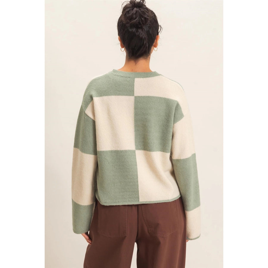 CREW NECK CHECKERED SWEATER-SAGE