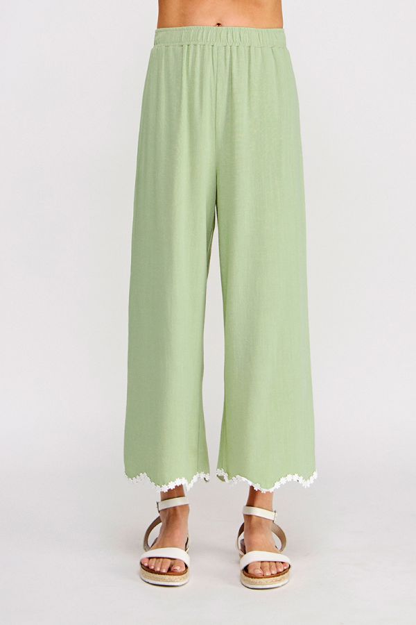Soft Linen Elastic Waist Ankle Pant with Wavy Crochet Trim Hem