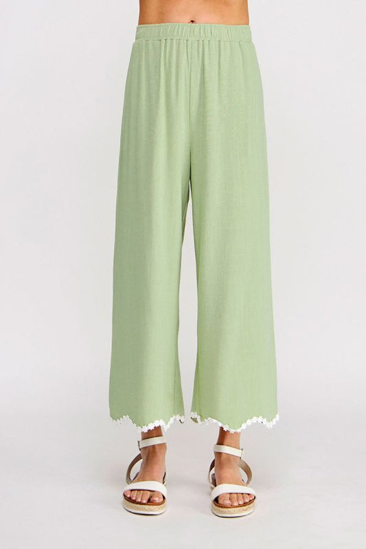 Soft Linen Elastic Waist Ankle Pant with Wavy Crochet Trim Hem