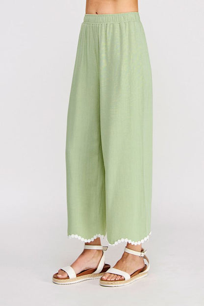 Soft Linen Elastic Waist Ankle Pant with Wavy Crochet Trim Hem
