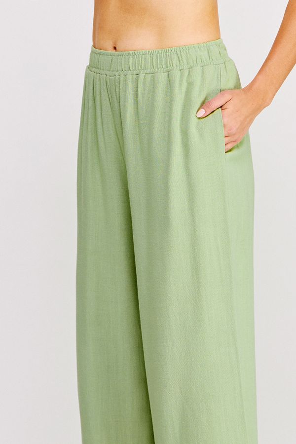 Soft Linen Elastic Waist Ankle Pant with Wavy Crochet Trim Hem