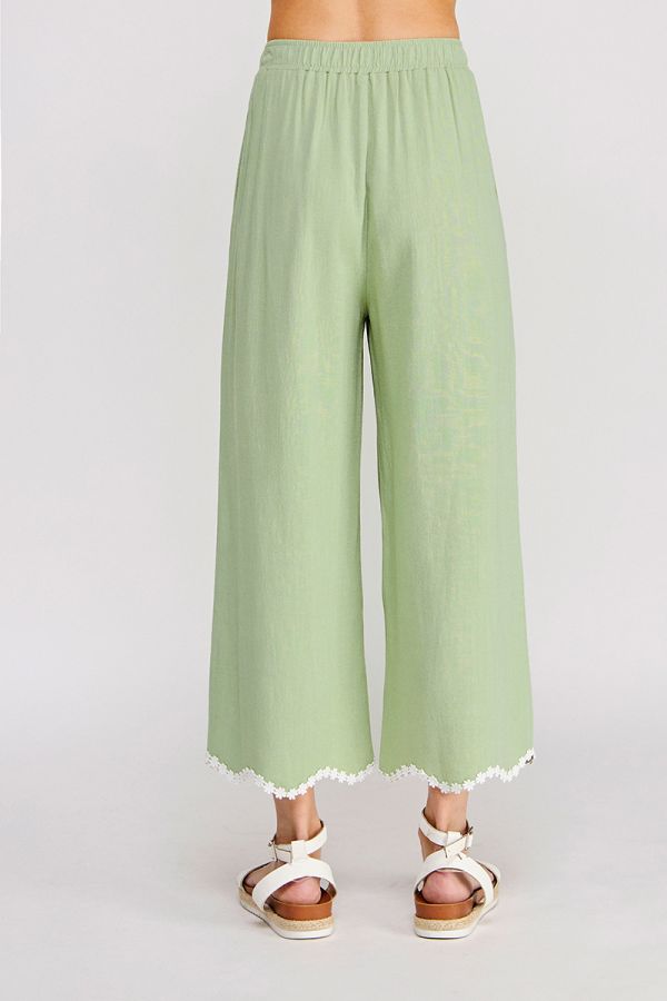 Soft Linen Elastic Waist Ankle Pant with Wavy Crochet Trim Hem