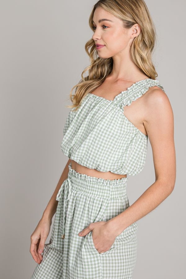 Gingham Bubble Top with Ruffled Straps