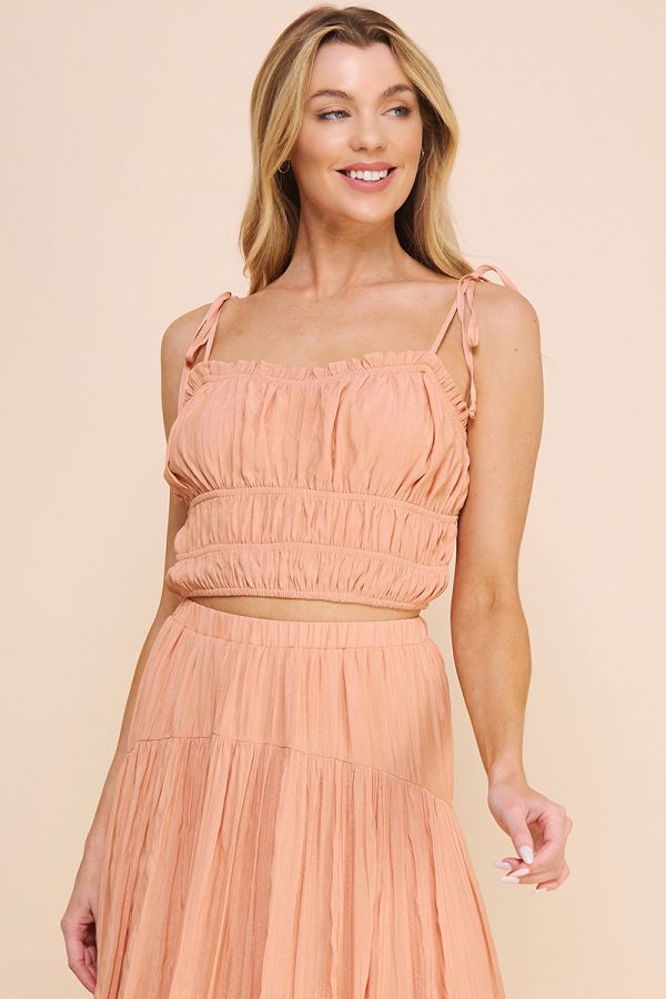 Crinkle Sateen Shirred Detail Sweetheart Top with Tie Straps