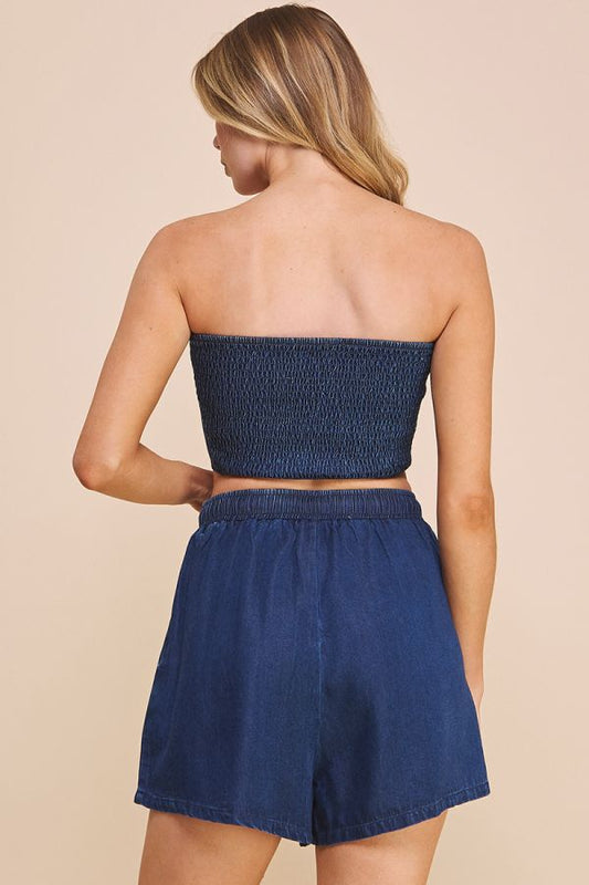 Washed Chambray Denim Fitted Tube Smocked Back Top
