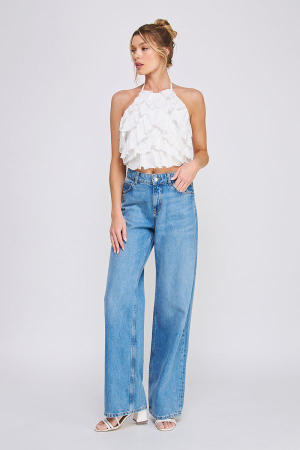 Cascading mini ruffles eyelet tie halter with thick tie waist back