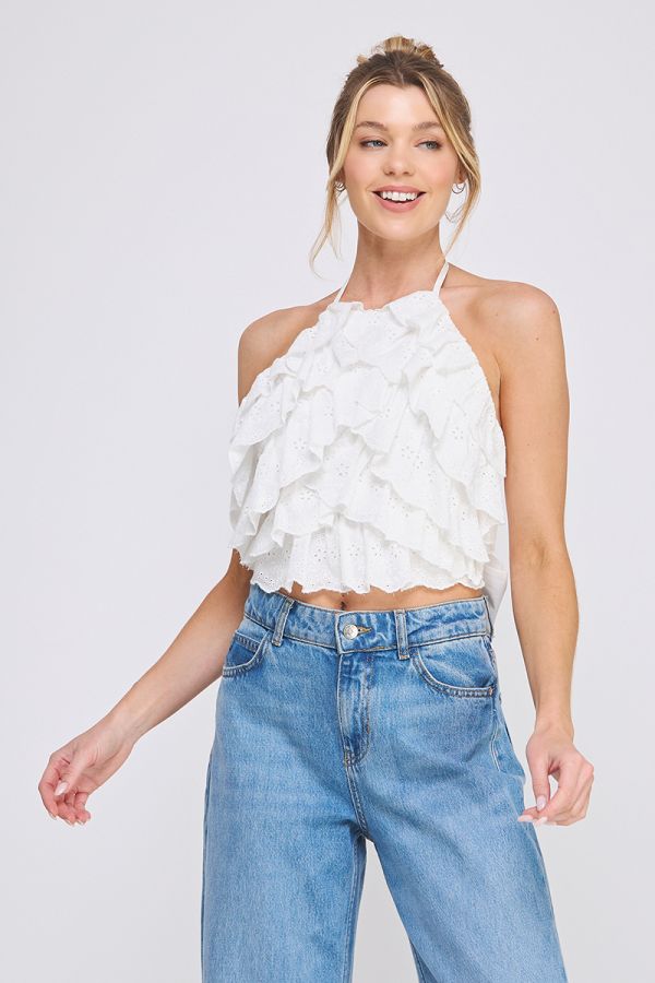 Cascading mini ruffles eyelet tie halter with thick tie waist back