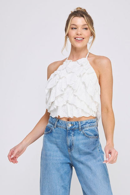 Cascading mini ruffles eyelet tie halter with thick tie waist back