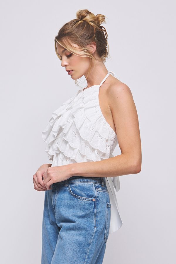 Cascading mini ruffles eyelet tie halter with thick tie waist back
