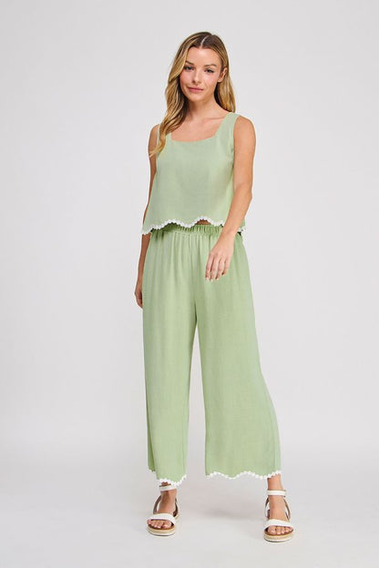 Soft Linen Elastic Waist Ankle Pant with Wavy Crochet Trim Hem