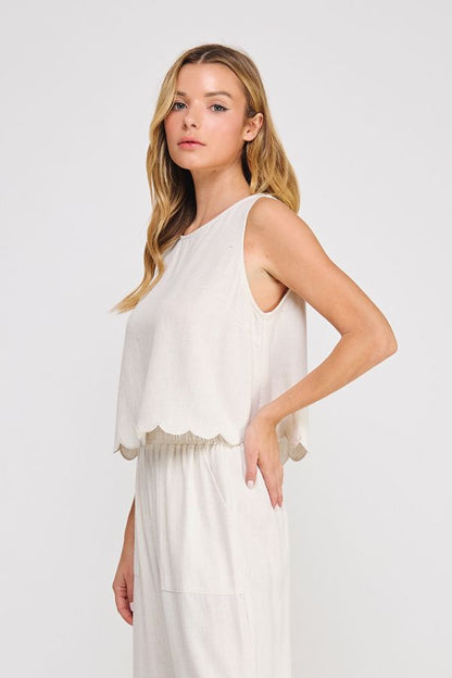 Soft Linen Blend Scallop Edge,Tank