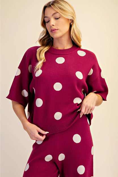 Polka Dot Sweater Round Neck Short Sleeve (burgandy)