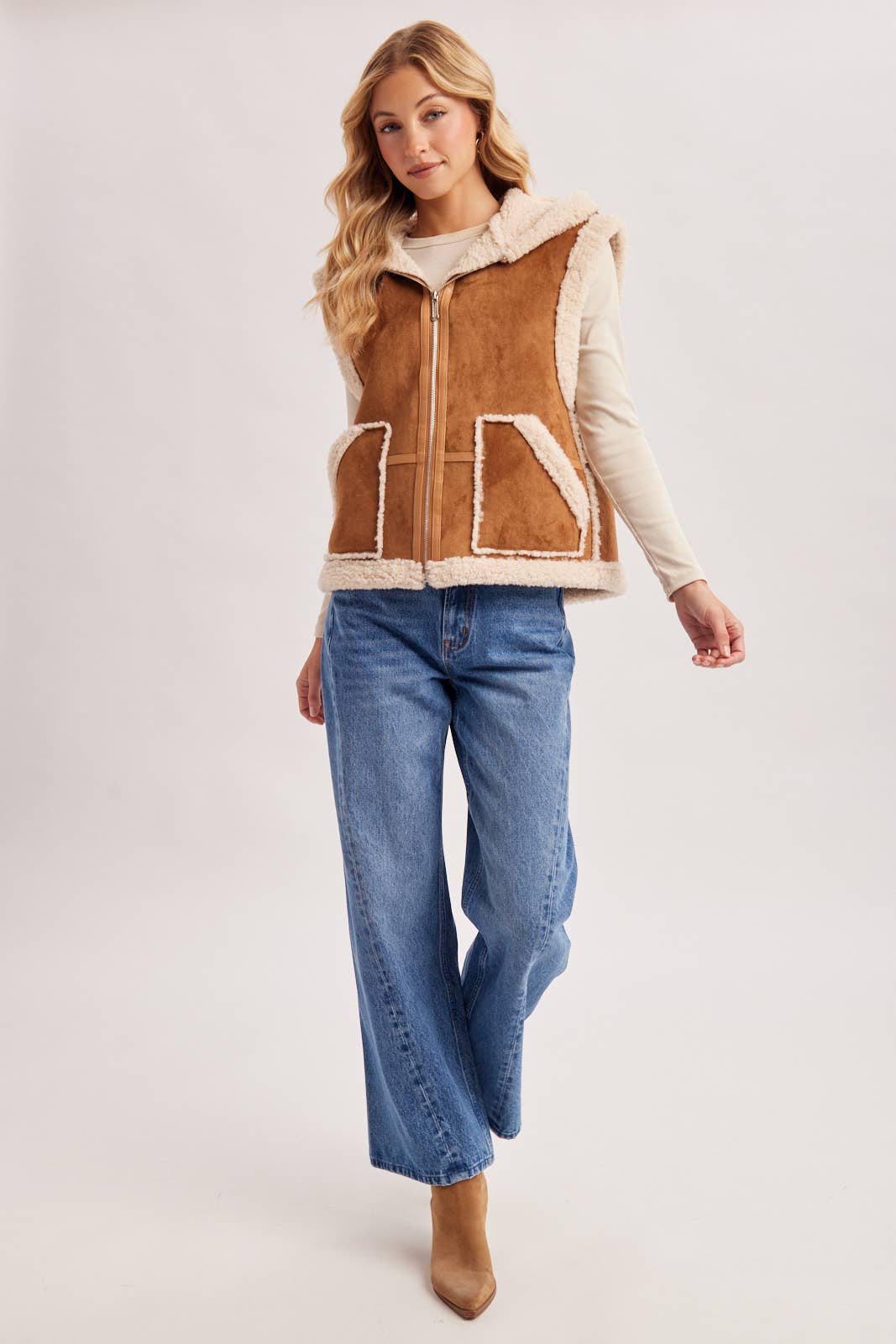 ZIPPER FRONT SHEARLING SUEDE HOODED VEST