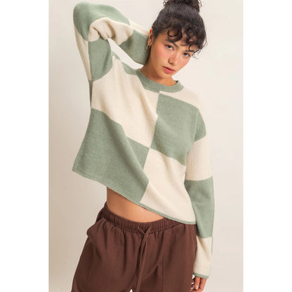 CREW NECK CHECKERED SWEATER-SAGE