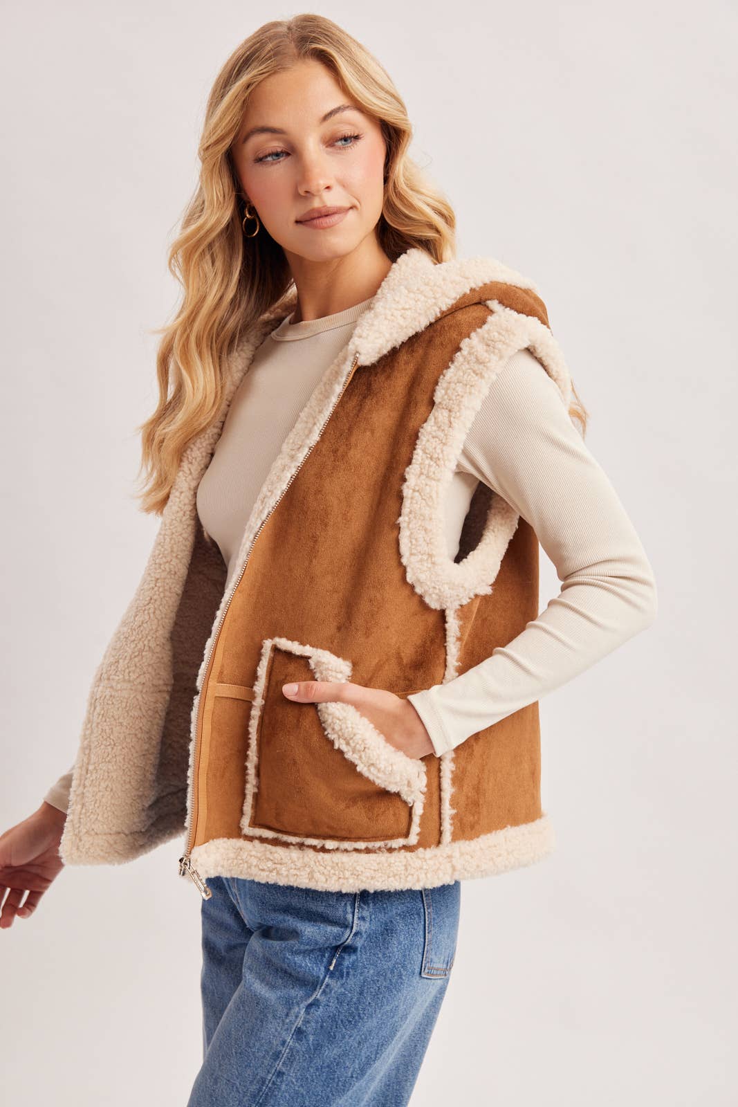 ZIPPER FRONT SHEARLING SUEDE HOODED VEST